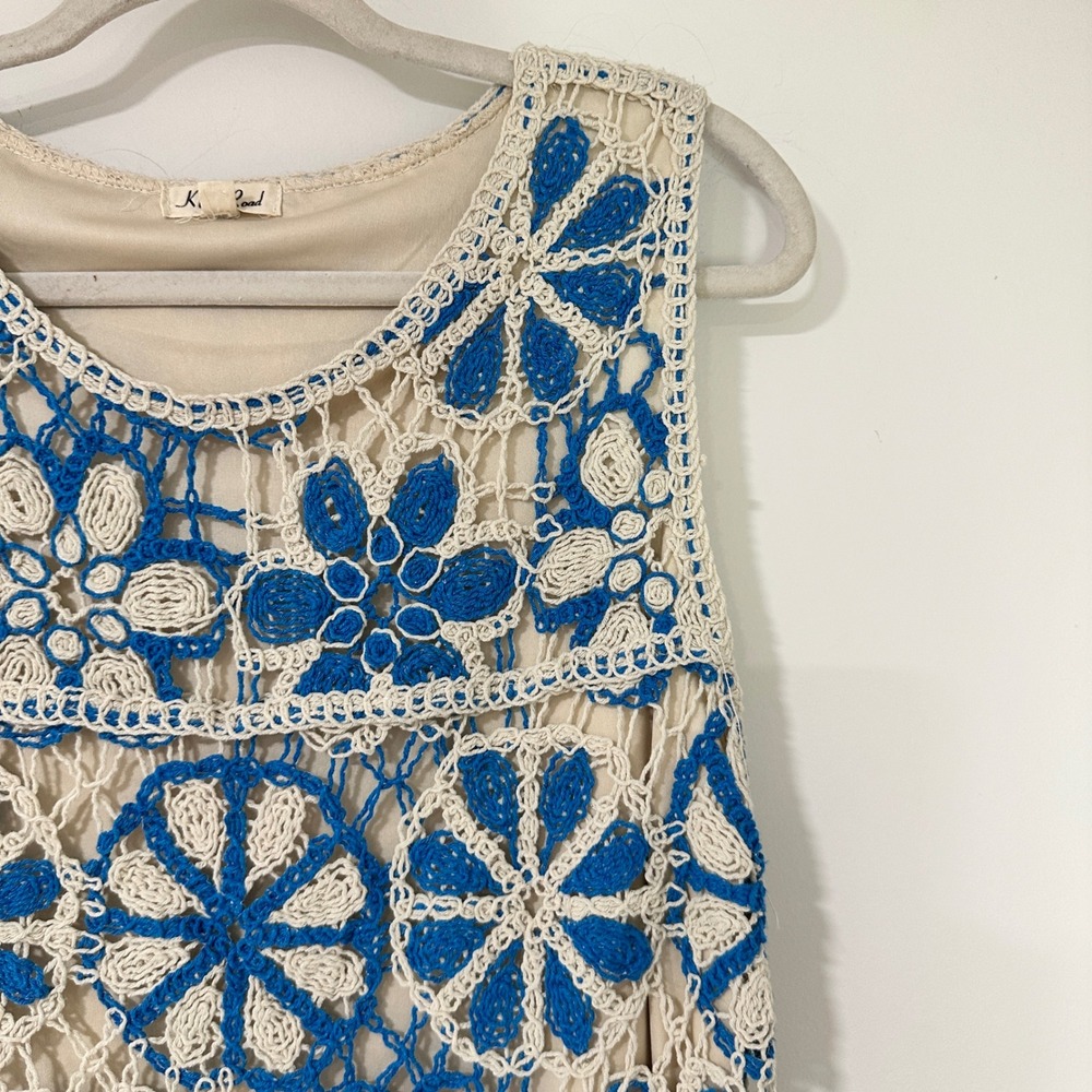 Kings Road Crochet Lace Shift Dress Womens XL Blue White Floral Sleeveless Lined
